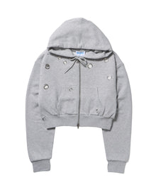 sqnz rhinestone & eyelet zip p/k / ジップパーカー スタッズ ハトメ ラインストーン フーディ 短丈 裏毛 【セットアップ着用可能】 グレー