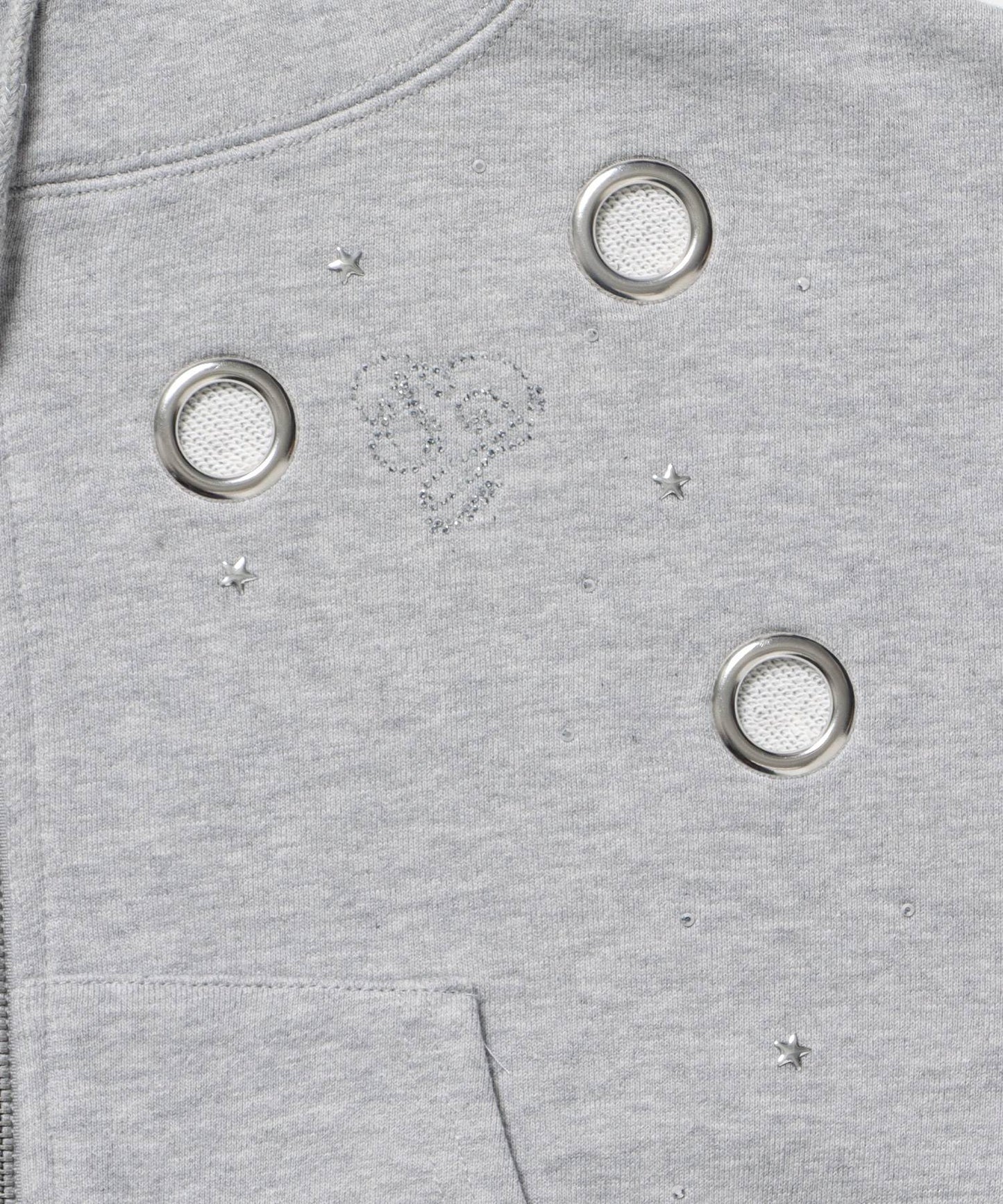 sqnz rhinestone & eyelet zip p/k / ジップパーカー スタッズ ハトメ ラインストーン フーディ 短丈 裏毛 【セットアップ着用可能】 グレー