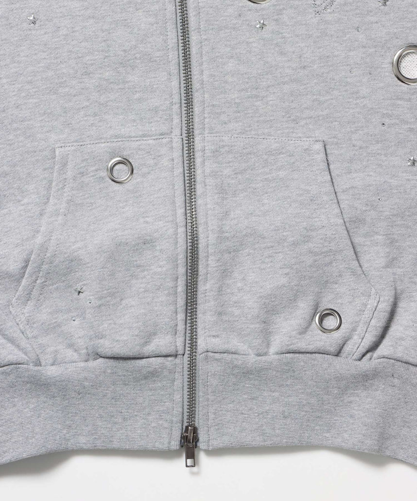 sqnz rhinestone & eyelet zip p/k / ジップパーカー スタッズ ハトメ ラインストーン フーディ 短丈 裏毛 【セットアップ着用可能】 グレー