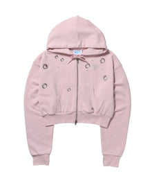 sqnz rhinestone & eyelet zip p/k / ジップパーカー スタッズ ハトメ ラインストーン フーディ 短丈 裏毛 【セットアップ着用可能】 ライトピンク