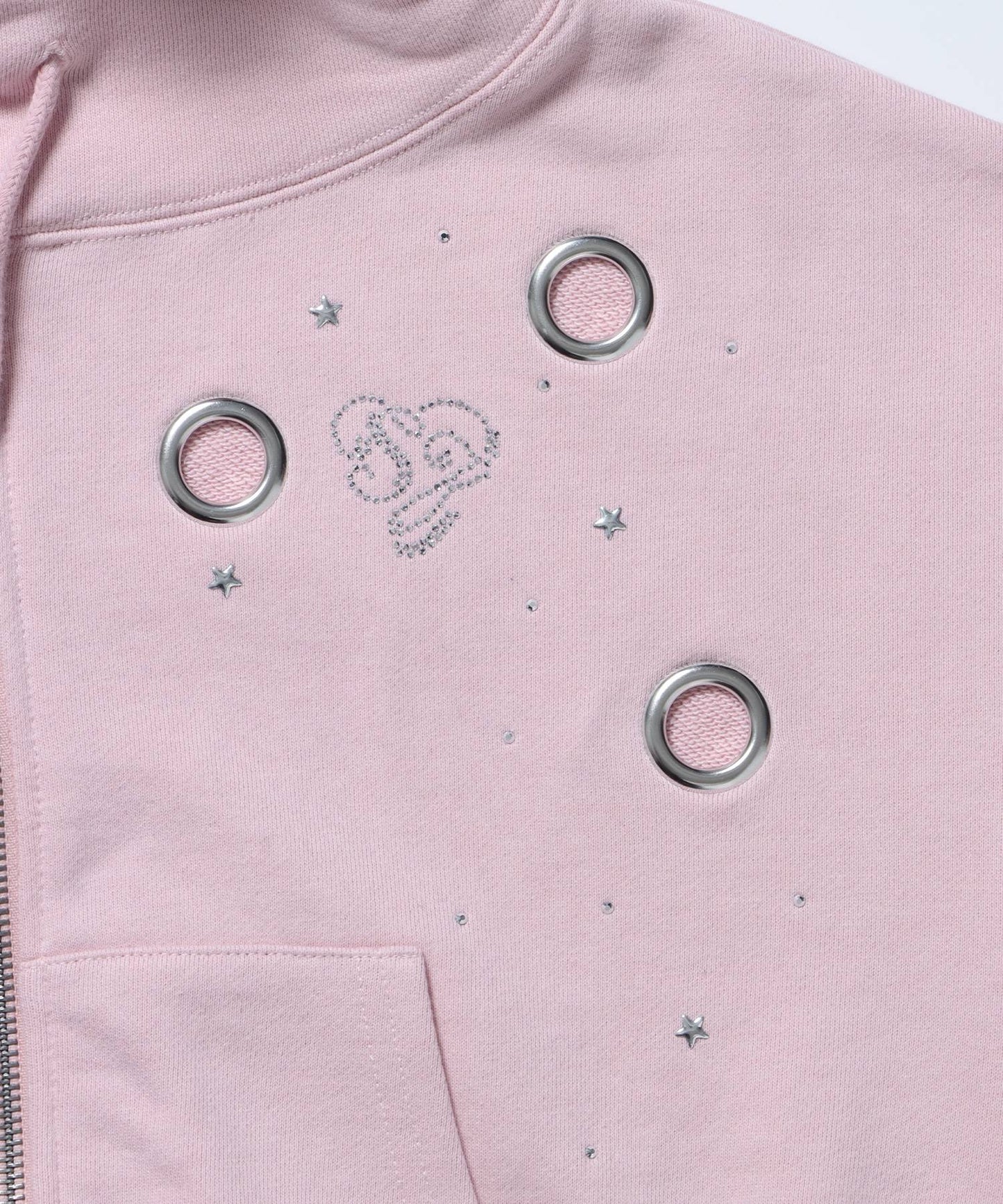 sqnz rhinestone & eyelet zip p/k / ジップパーカー スタッズ ハトメ ラインストーン フーディ 短丈 裏毛 【セットアップ着用可能】 ライトピンク