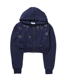 sqnz rhinestone & eyelet zip p/k / ジップパーカー スタッズ ハトメ ラインストーン フーディ 短丈 裏毛 【セットアップ着用可能】 ダークネイビー