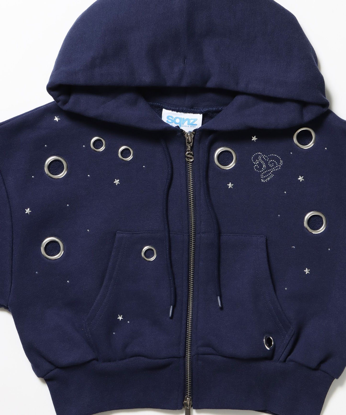sqnz rhinestone & eyelet zip p/k / ジップパーカー スタッズ ハトメ ラインストーン フーディ 短丈 裏毛 【セットアップ着用可能】 ダークネイビー