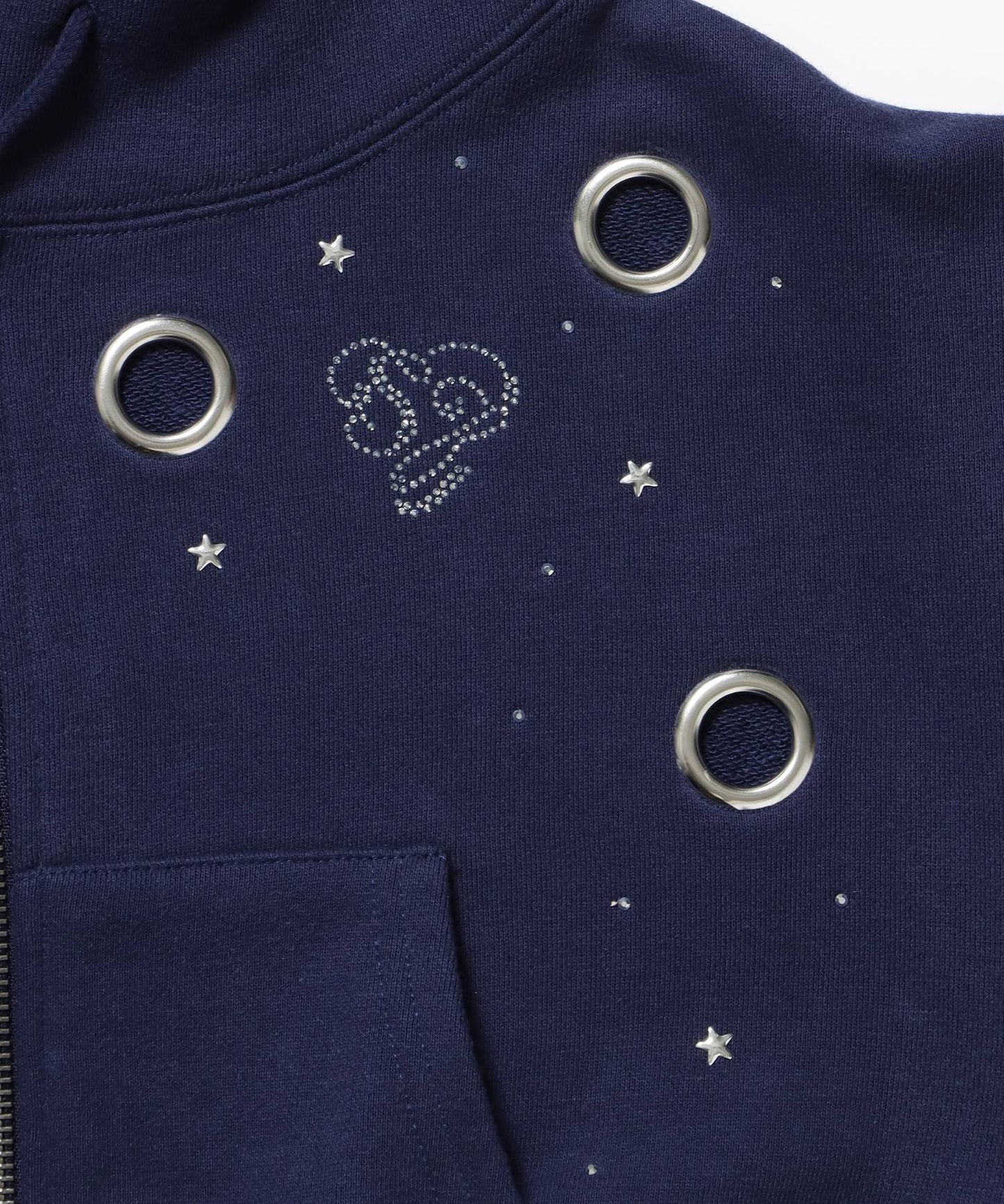 sqnz rhinestone & eyelet zip p/k / ジップパーカー スタッズ ハトメ ラインストーン フーディ 短丈 裏毛 【セットアップ着用可能】 ダークネイビー