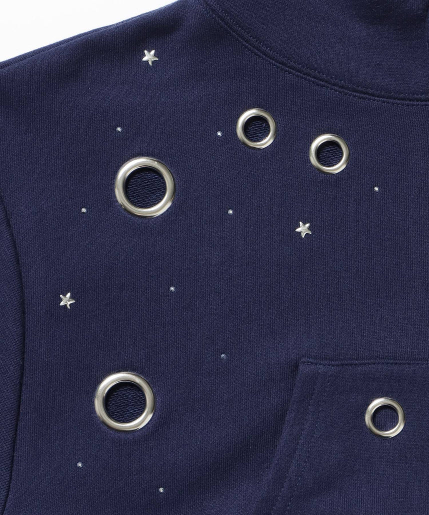 sqnz rhinestone & eyelet zip p/k / ジップパーカー スタッズ ハトメ ラインストーン フーディ 短丈 裏毛 【セットアップ着用可能】 ダークネイビー