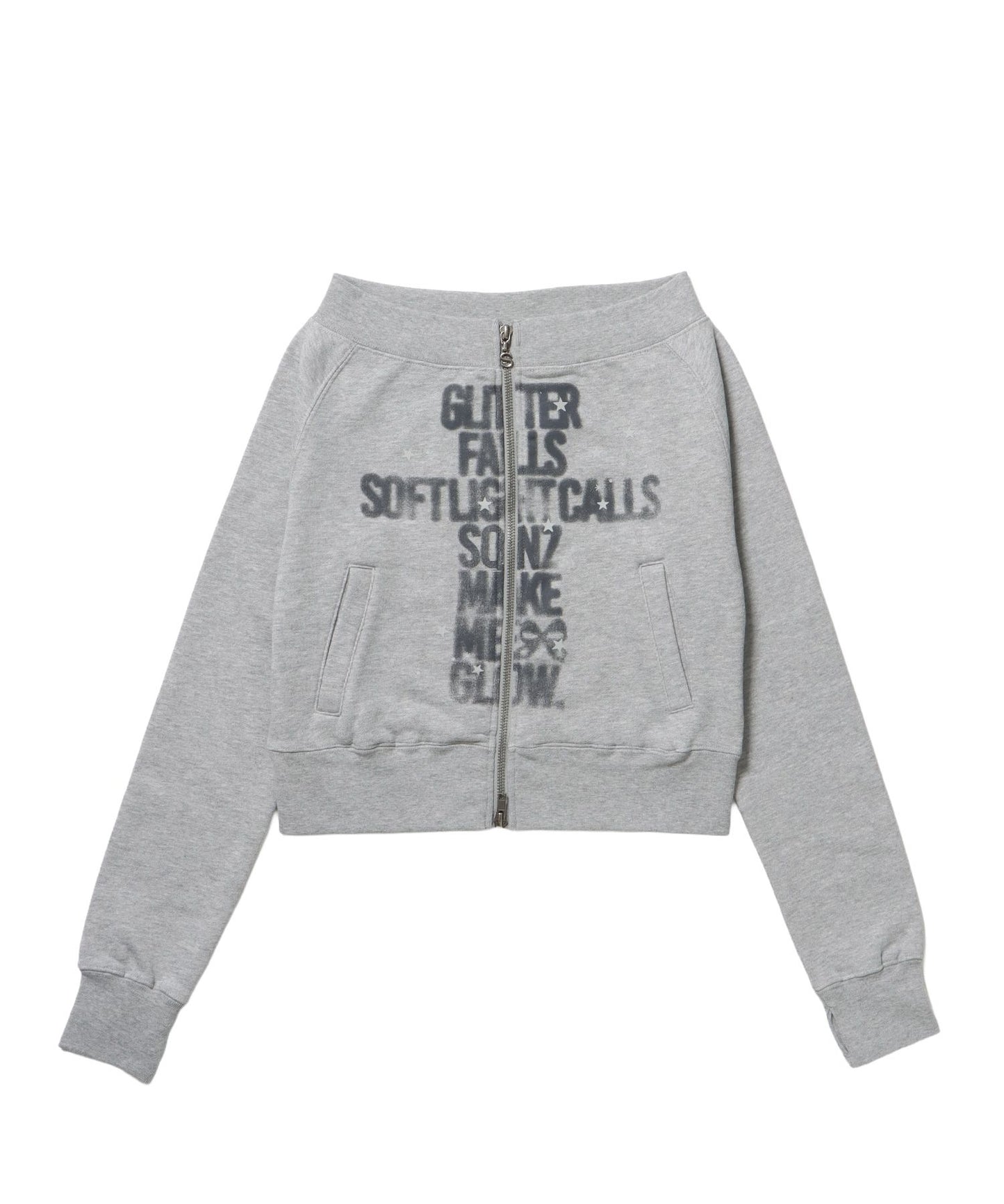 【sqnz（エスキュンズ）】sqnz off shoulder zip p/k / オフショルダー ダブルジップ スウェット 裏毛 ワンポイント サムホール プリント グレー