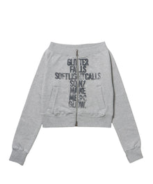 sqnz off shoulder zip p/k / オフショルダー ダブルジップ スウェット 裏毛 ワンポイント サムホール プリント グレー