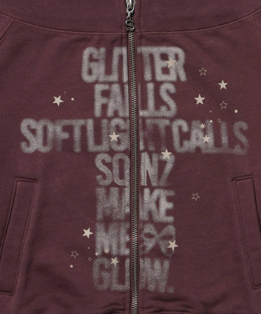 sqnz off shoulder zip p/k / オフショルダー ダブルジップ スウェット 裏毛 ワンポイント サムホール プリント モカ