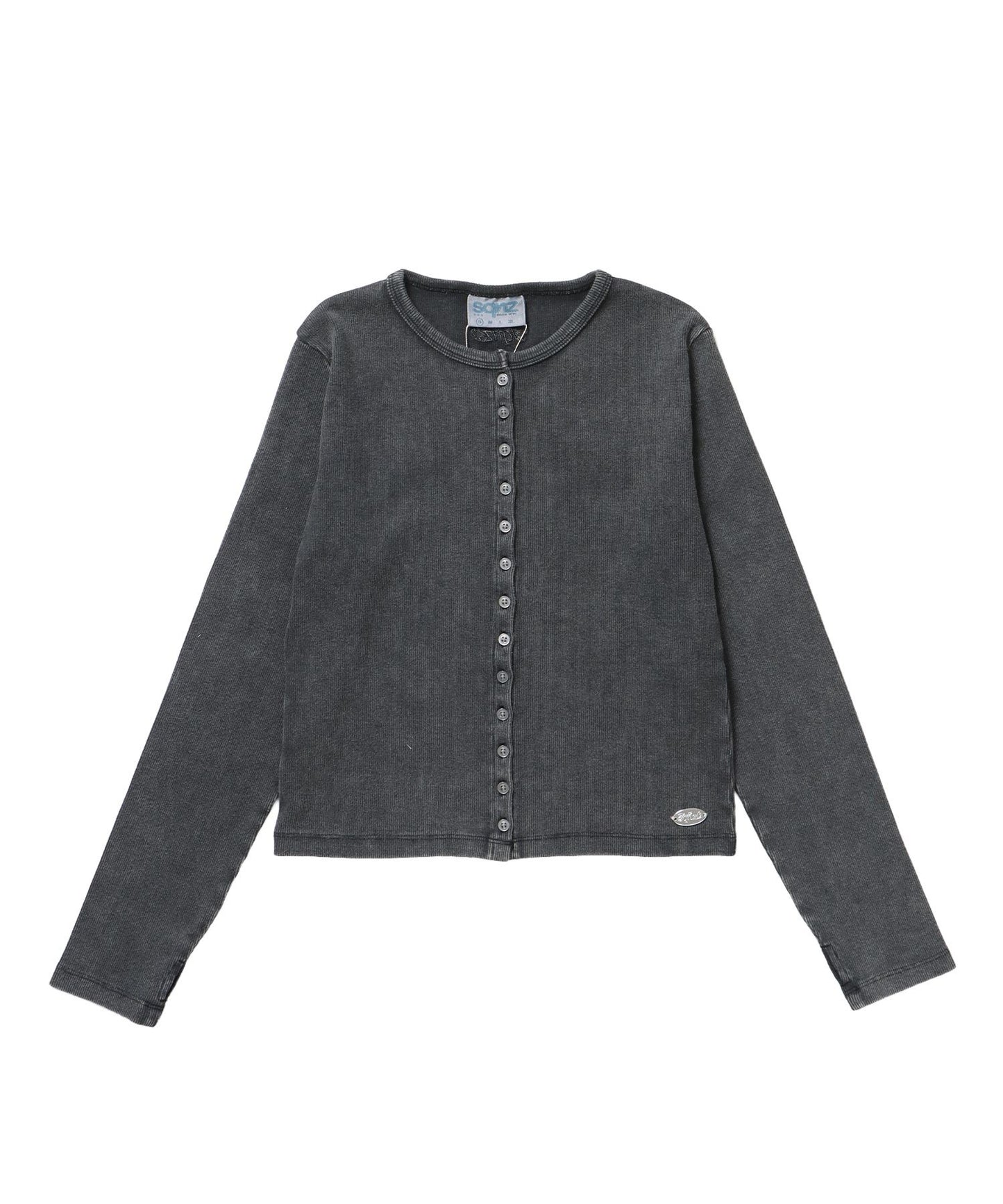 【sqnz（エスキュンズ）】sqnz fit cardigan / 長袖 刺繍 シルバープレート 加工 ボタン レイヤード 裏毛 ブラック