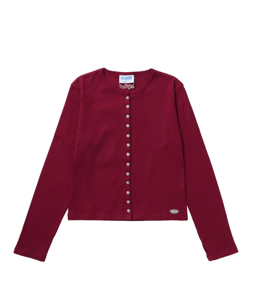 【sqnz（エスキュンズ）】sqnz fit cardigan / 長袖 刺繍 シルバープレート 加工 ボタン レイヤード 裏毛 バーガンディー