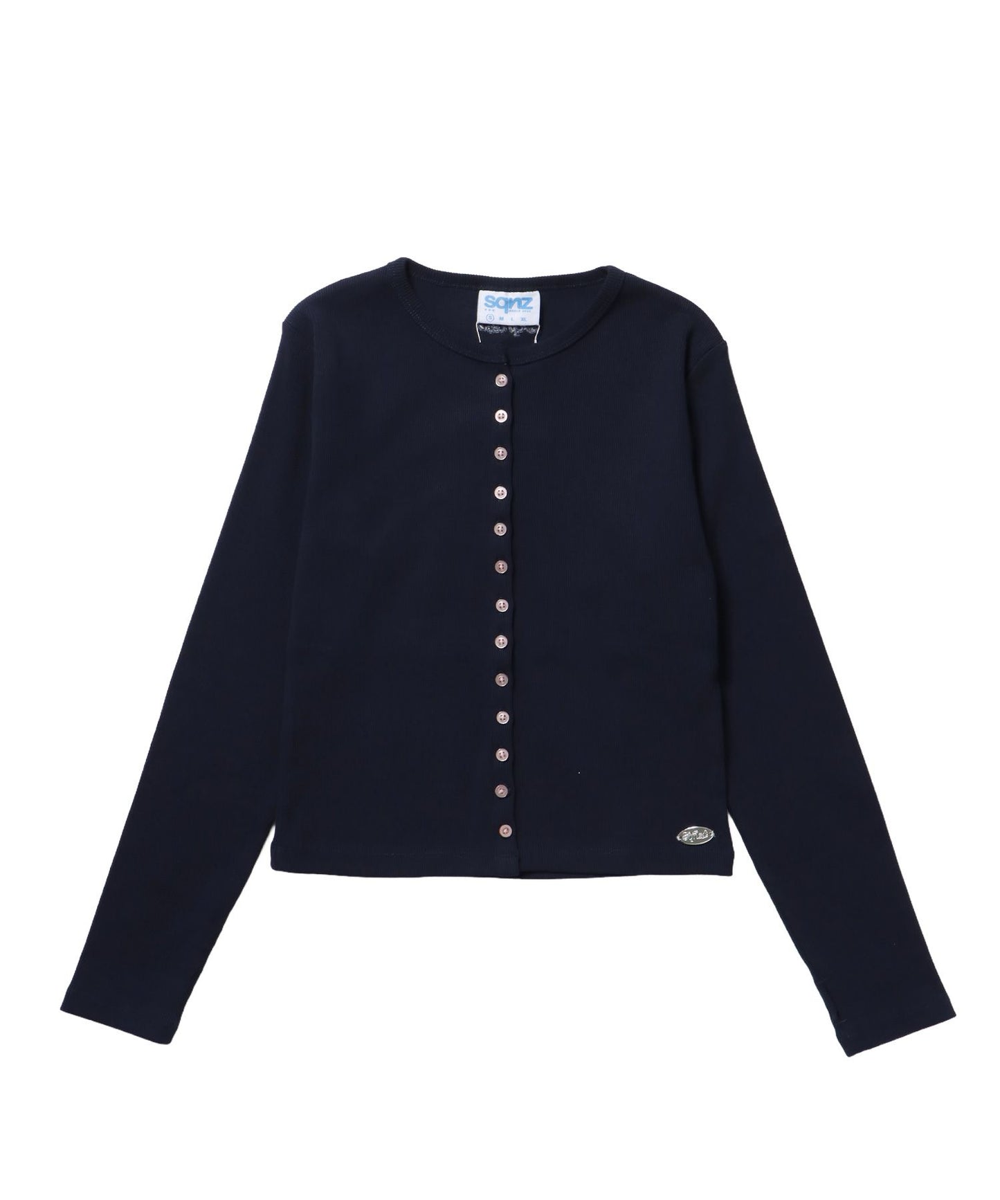 【sqnz（エスキュンズ）】sqnz fit cardigan / 長袖 刺繍 シルバープレート 加工 ボタン レイヤード 裏毛 ネイビー