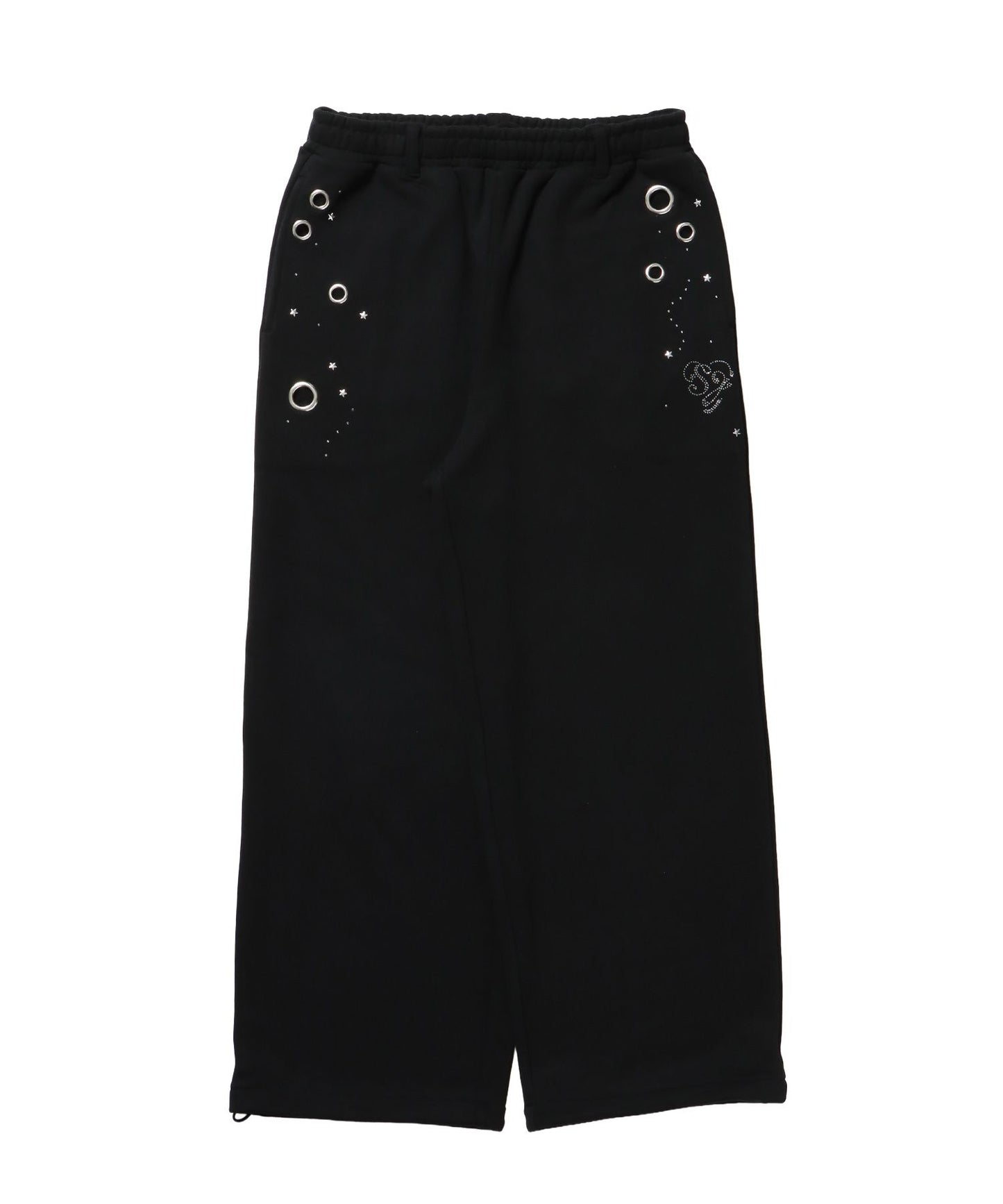 【sqnz（エスキュンズ）】sqnz rhinestone & eyelet sweat pants / ラインストーン スウェットパンツ 裏毛 ハトメ ポケット 【セットアップ着用可能】 ブラック