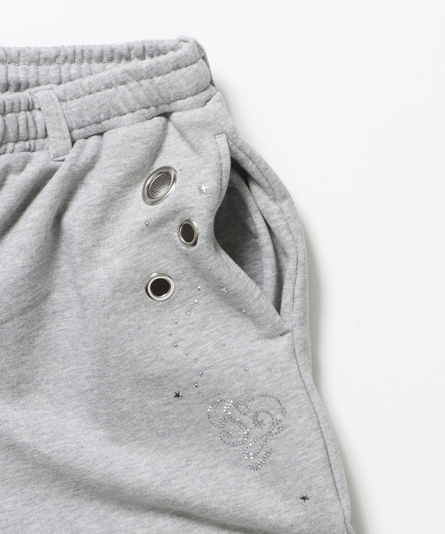 sqnz rhinestone & eyelet sweat pants / ラインストーン スウェットパンツ 裏毛 ハトメ ポケット 【セットアップ着用可能】 グレー