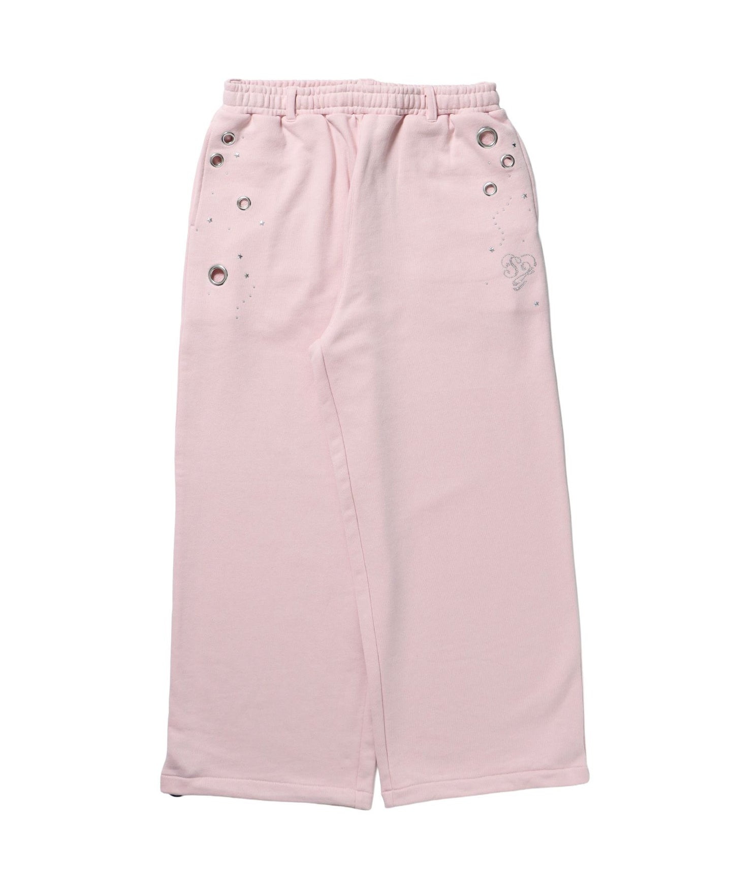 【sqnz（エスキュンズ）】sqnz rhinestone & eyelet sweat pants / ラインストーン スウェットパンツ 裏毛 ハトメ ポケット 【セットアップ着用可能】 ライトピンク