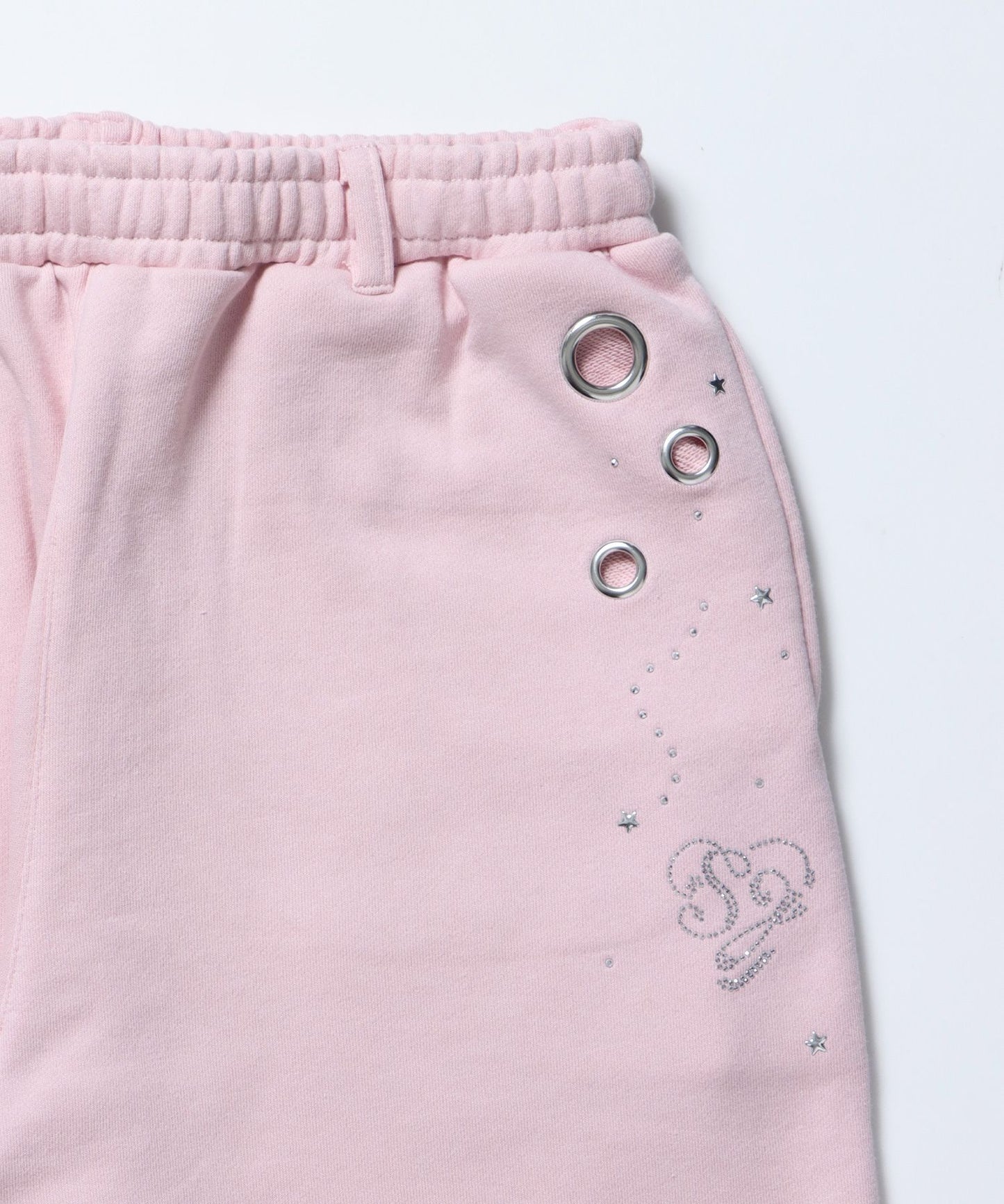 sqnz rhinestone & eyelet sweat pants / ラインストーン スウェットパンツ 裏毛 ハトメ ポケット 【セットアップ着用可能】 ライトピンク