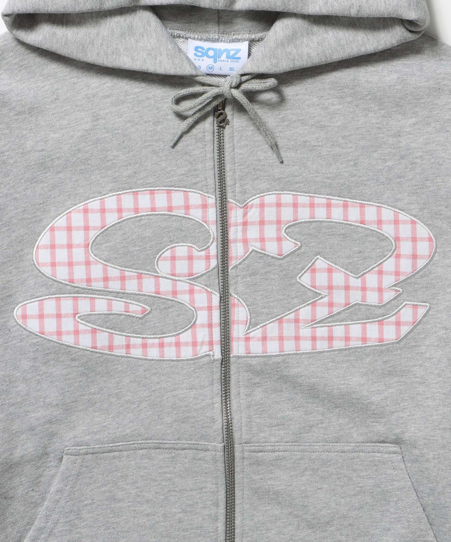 sqnz logo applique zip p/k / 裏毛 ダブルジップ ジップパーカー フーディ 星柄 ボーダー チェック グレー