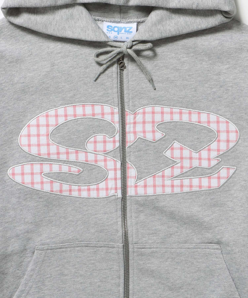 sqnz logo applique zip p/k / 裏毛 ダブルジップ ジップパーカー フーディ 星柄 ボーダー チェック グレー