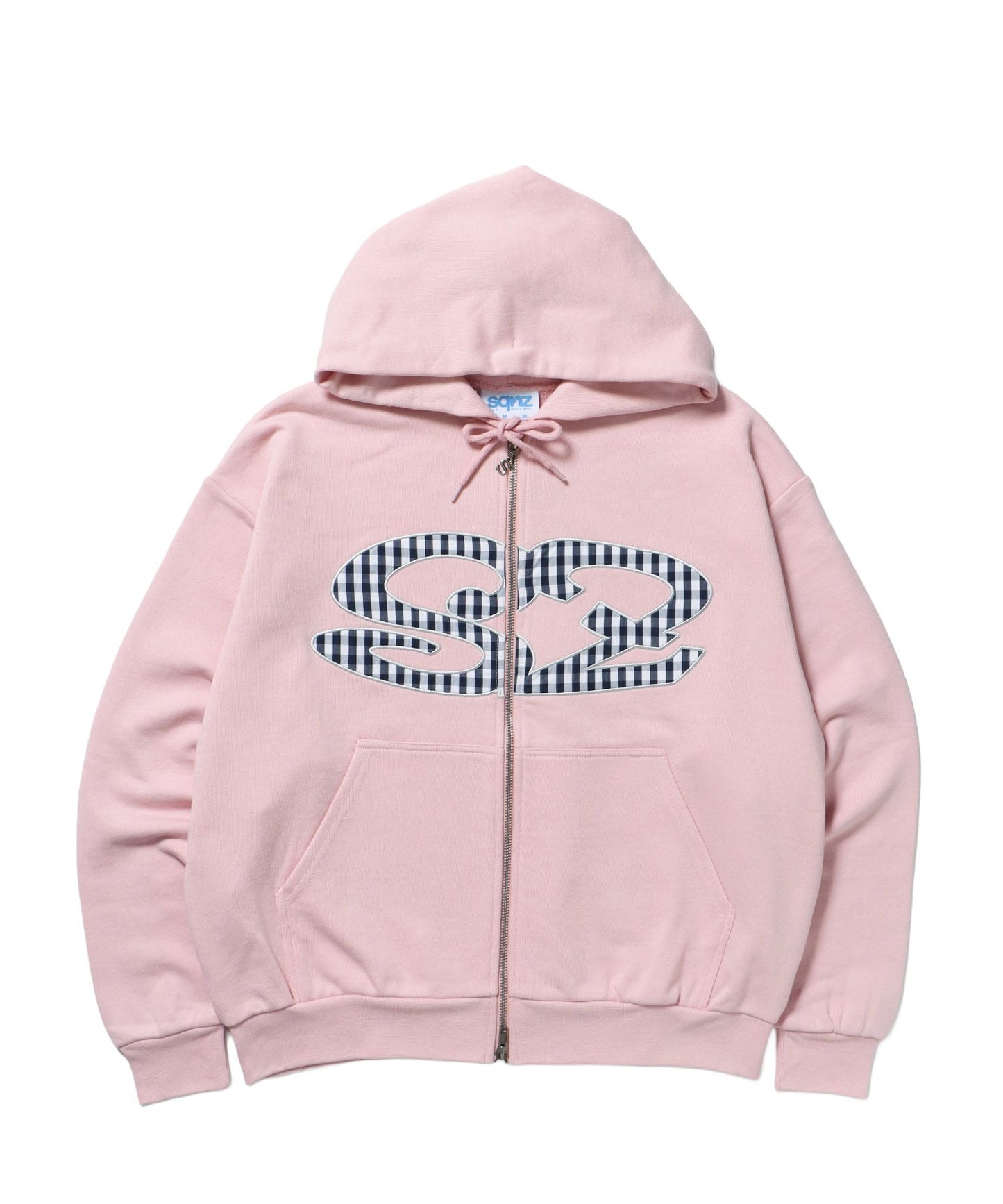 【sqnz（エスキュンズ）】sqnz logo applique zip p/k / 裏毛 ダブルジップ ジップパーカー フーディ 星柄 ボーダー チェック ライトピンク