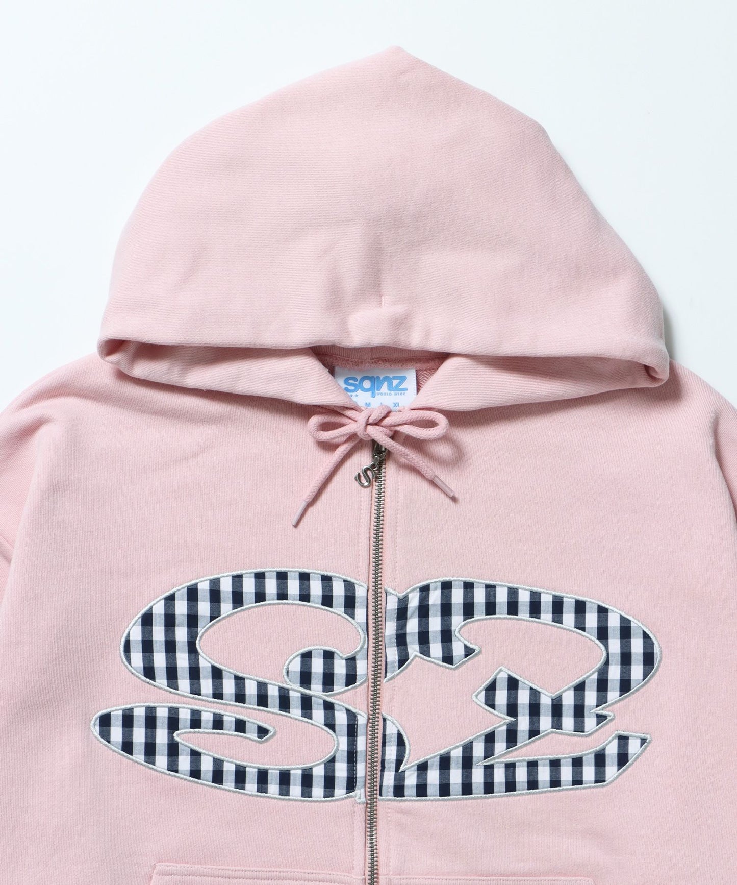 sqnz logo applique zip p/k / 裏毛 ダブルジップ ジップパーカー フーディ 星柄 ボーダー チェック ライトピンク