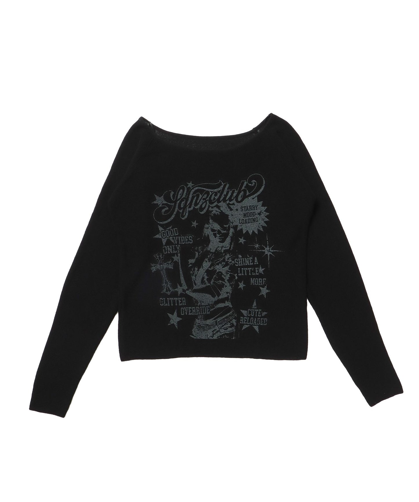 【sqnz（エスキュンズ）】sqnz rock sheer knit / ニット クルーネック 長袖 プリント シアー ブラック