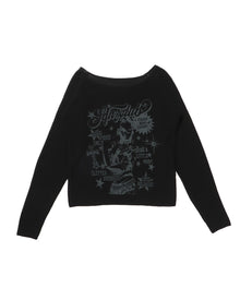 sqnz rock sheer knit / ワンショルダー ニット クルーネック 長袖 プリント シアー ブラック