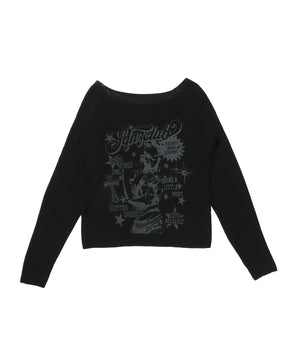 sqnz rock sheer knit / ワンショルダー ニット クルーネック 長袖 プリント シアー ブラック