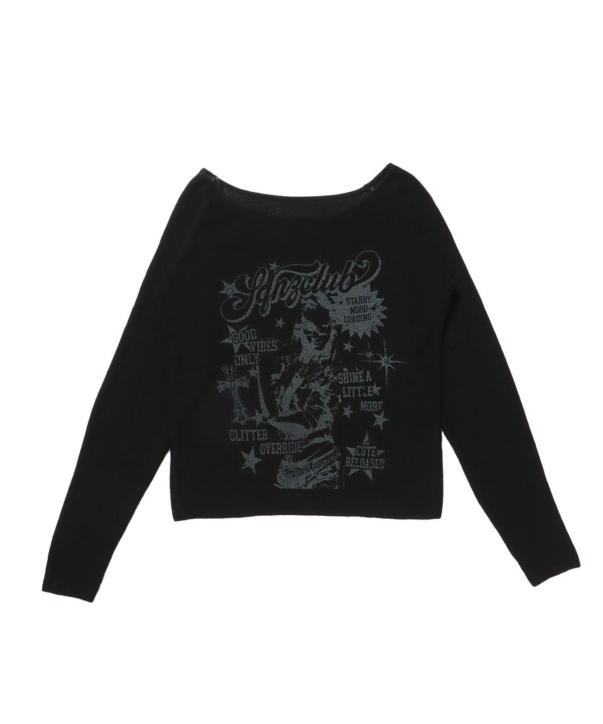 【sqnz（エスキュンズ）】sqnz rock sheer knit / ニット クルーネック 長袖 プリント シアー ブラック