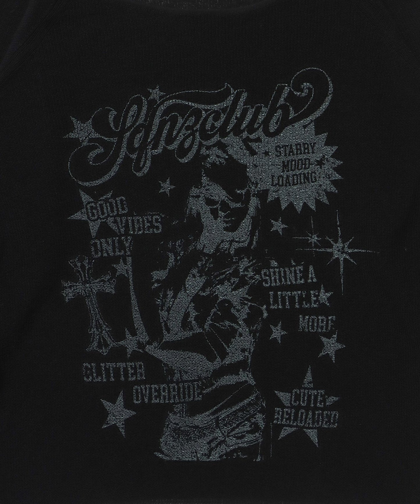 sqnz rock sheer knit / ワンショルダー ニット クルーネック 長袖 プリント シアー ブラック