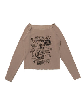 sqnz rock sheer knit / ワンショルダー ニット クルーネック 長袖 プリント シアー グレイッシュベージュ