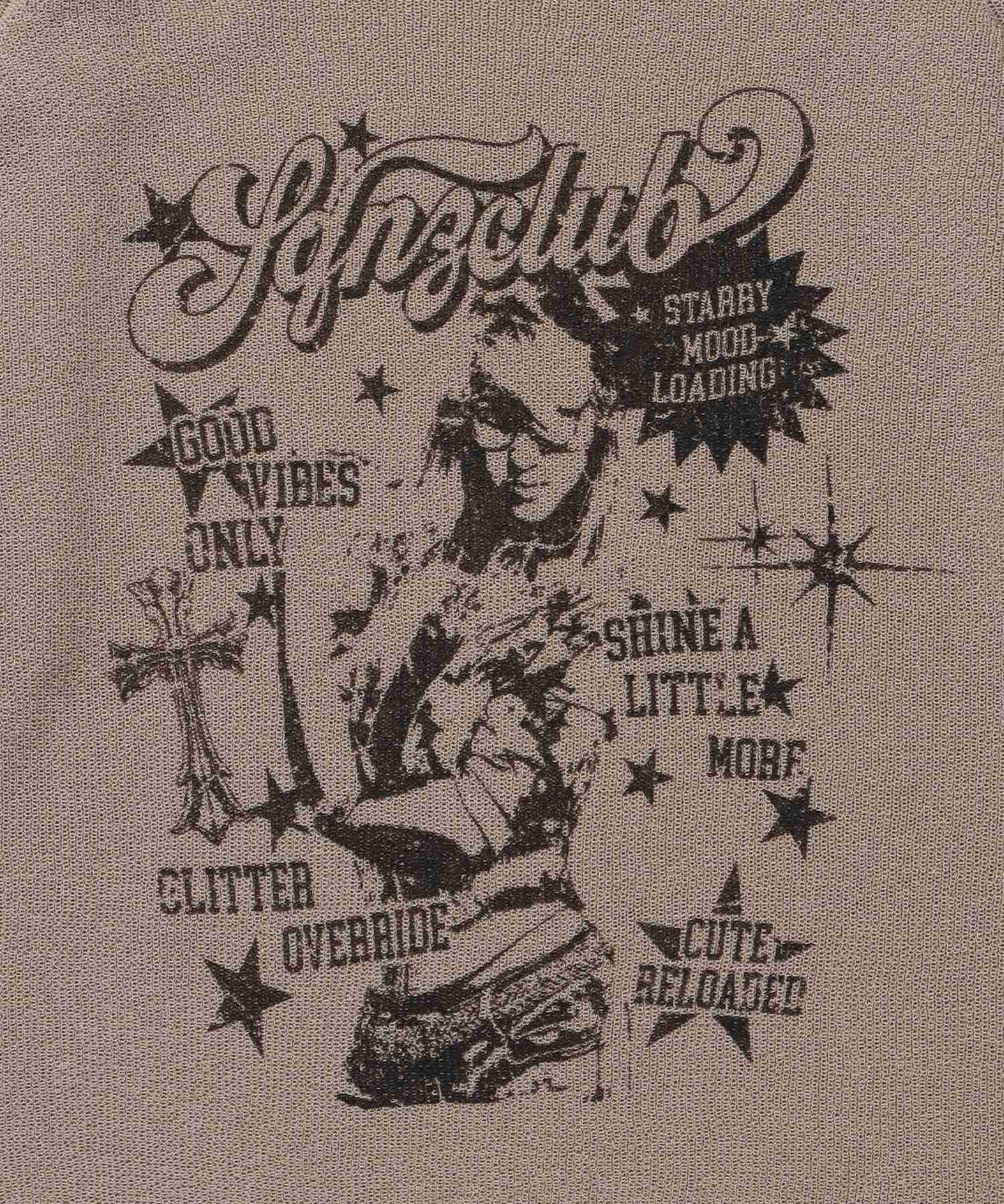 sqnz rock sheer knit / ワンショルダー ニット クルーネック 長袖 プリント シアー グレイッシュベージュ