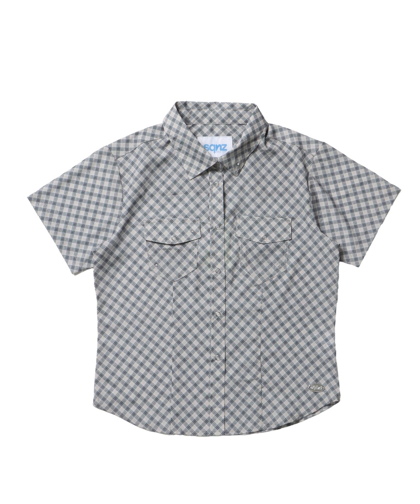 【sqnz（エスキュンズ）】sqnz double pocket compact cheack shirts / シャツ ポケット チェック ストライプ ボタン レディース メタルプレー アイボリー