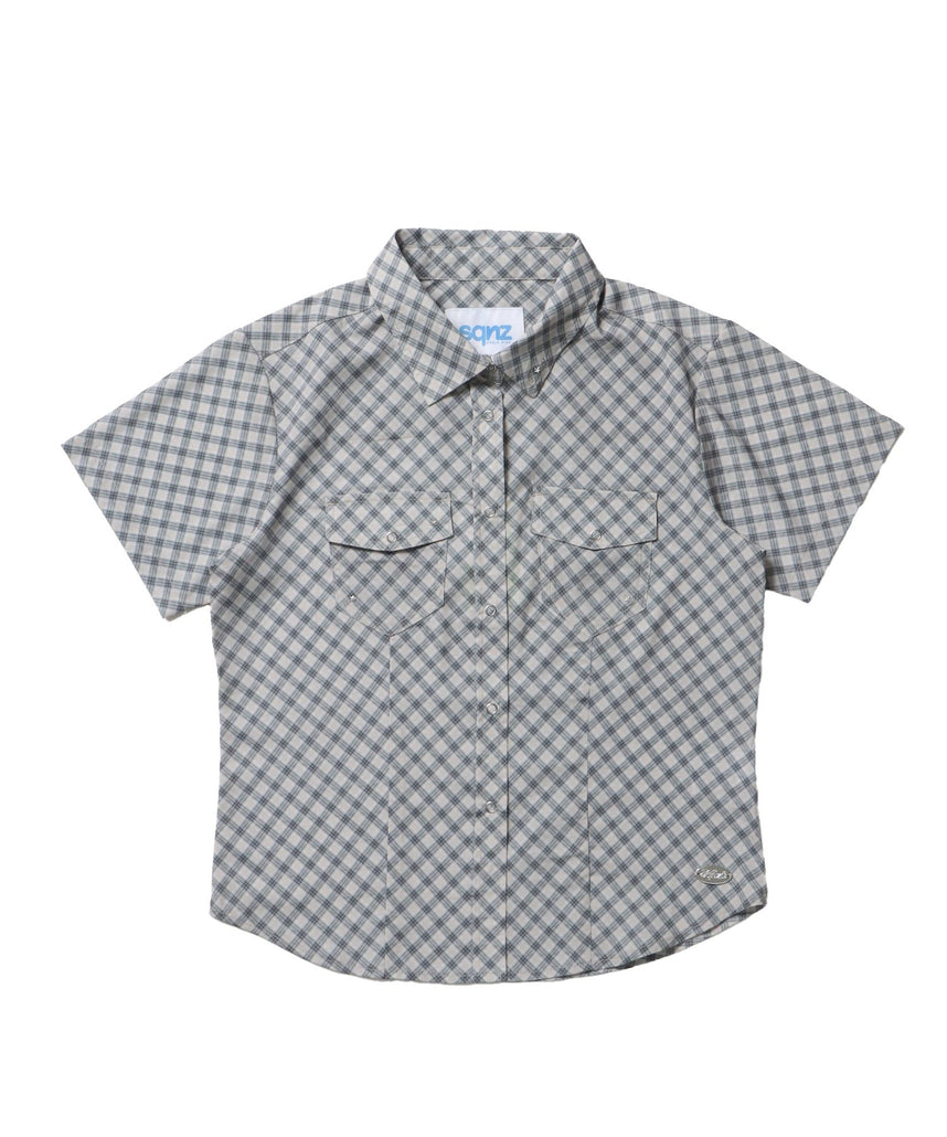 【sqnz（エスキュンズ）】sqnz double pocket compact cheack shirts / シャツ ポケット チェック ストライプ ボタン レディース メタルプレー アイボリー
