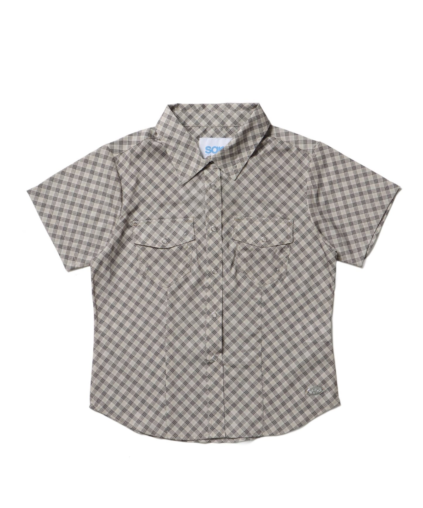 【sqnz（エスキュンズ）】sqnz double pocket compact cheack shirts / シャツ ポケット チェック ストライプ ボタン レディース メタルプレー ベージュ