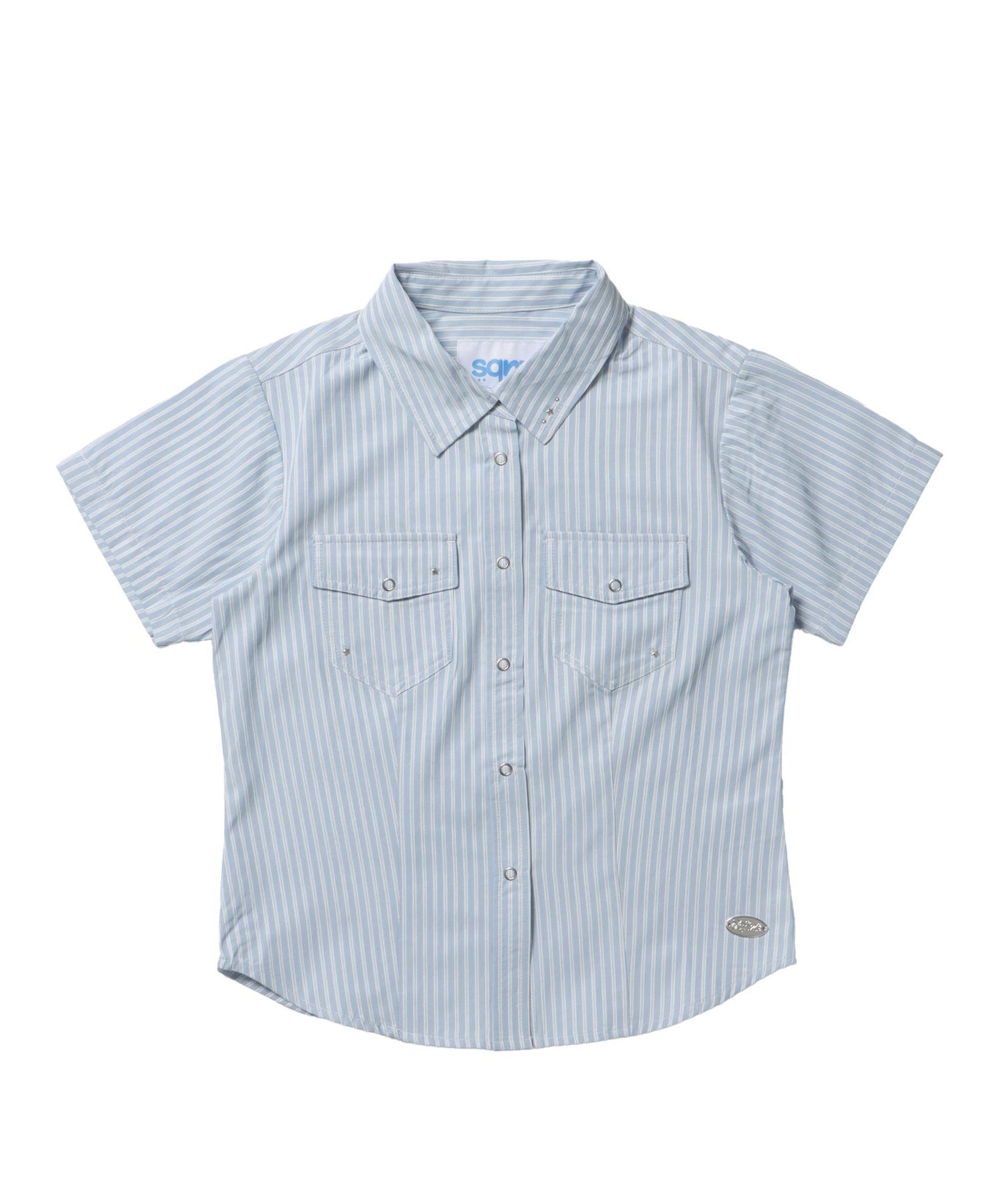【sqnz（エスキュンズ）】sqnz double pocket compact cheack shirts / シャツ ポケット チェック ストライプ ボタン レディース メタルプレー ライトブルー