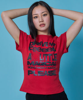 sqnz message pt compact tee / レディース Tシャツ 半袖 プリント ピチT ちびT クルーネック レッド