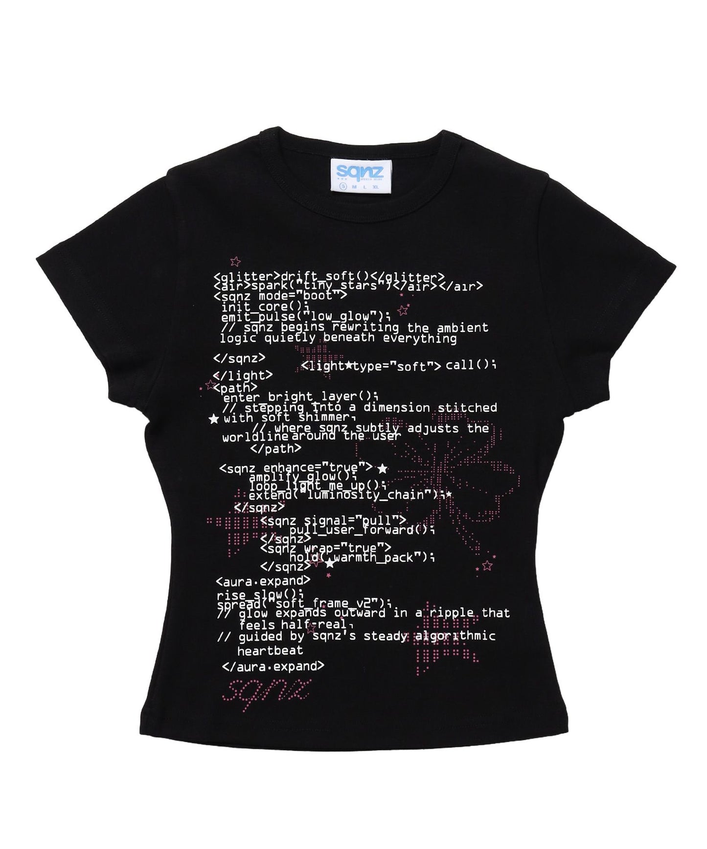 【sqnz（エスキュンズ）】sqnz programming pt compact tee / レディース 半袖 クルーネック プリント 短丈 ブラック