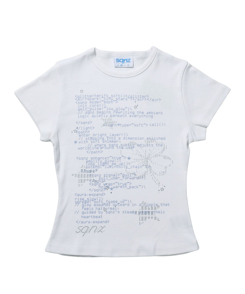 【sqnz（エスキュンズ）】sqnz programming pt compact tee / レディース 半袖 クルーネック プリント 短丈 ホワイト