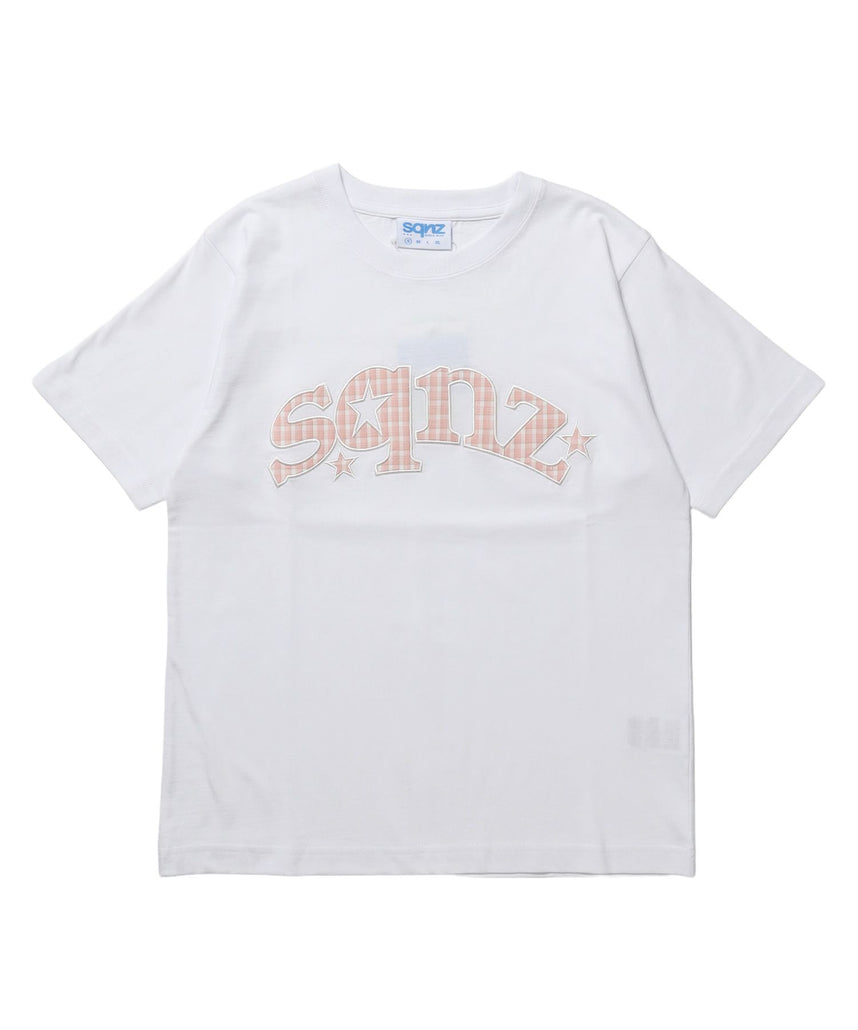 【sqnz（エスキュンズ）】sqnz star logo checkered applique tee / Tシャツ ワッペン チェック 半袖 クルーネック ワンポイント ユニセックス ホワイト