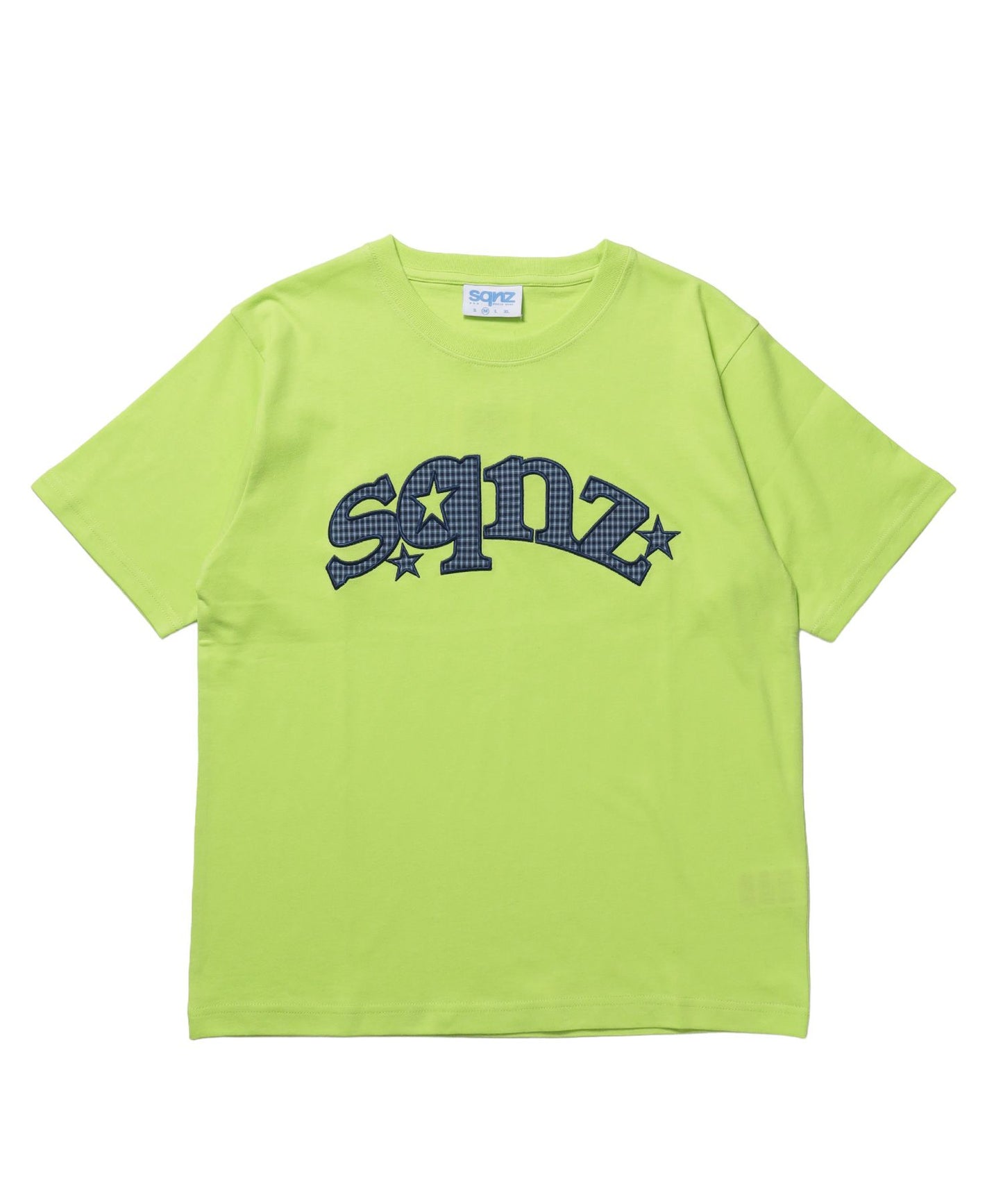 【sqnz（エスキュンズ）】sqnz star logo checkered applique tee / Tシャツ ワッペン チェック 半袖 クルーネック ワンポイント ユニセックス イエロー
