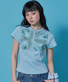 sqnz union Jack henley tee / レディース Tシャツ 半袖 ヘンリーネック スタッズ ユニオンジャックライトブルー