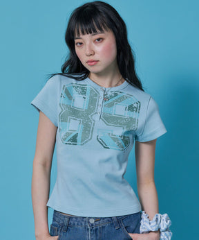 sqnz union Jack henley tee / レディース Tシャツ 半袖 ヘンリーネック スタッズ ユニオンジャックライトブルー