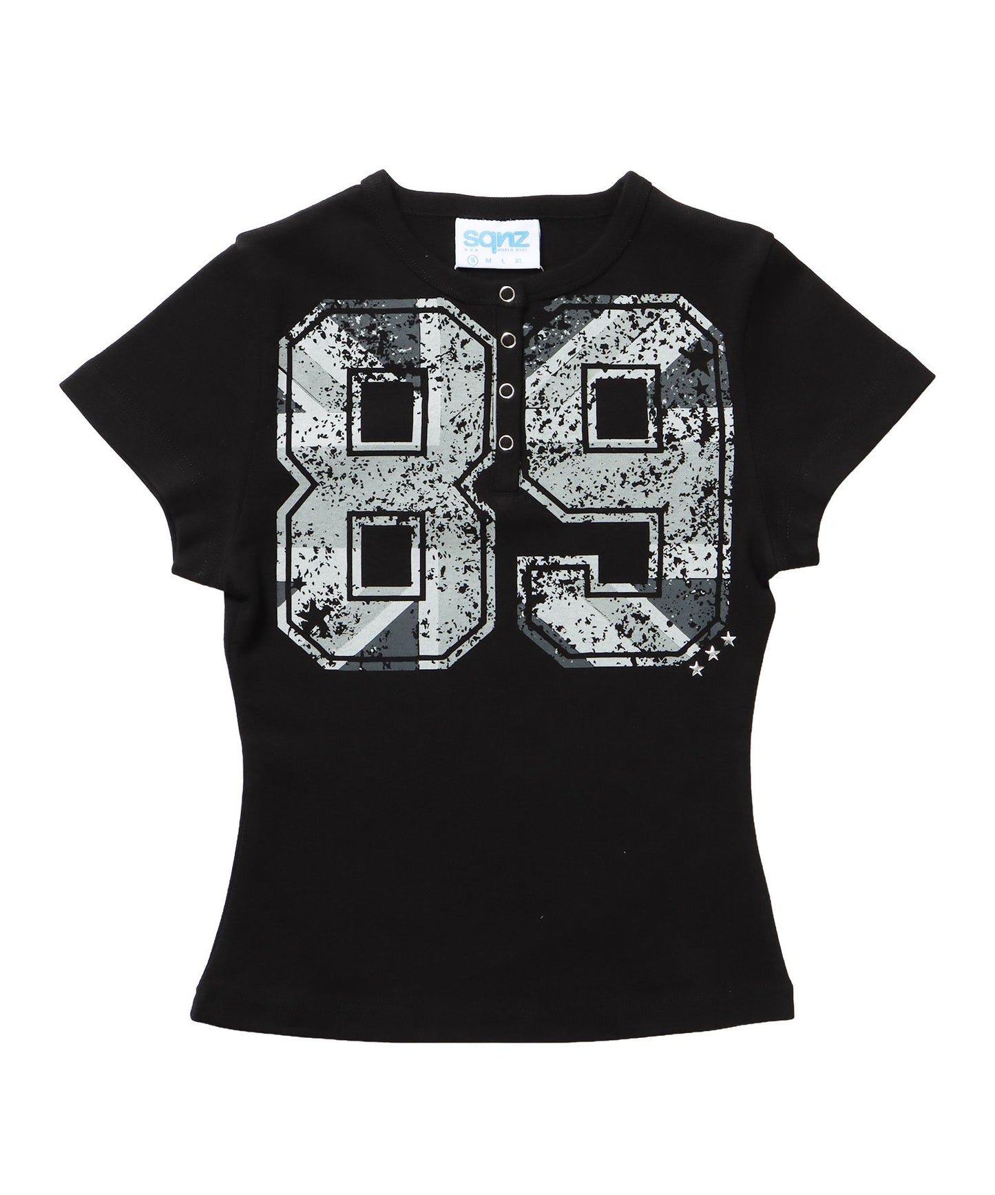 【sqnz（エスキュンズ）】レディース Tシャツ 半袖 ヘンリーネック スタッズ ユニオンジャック ブラック