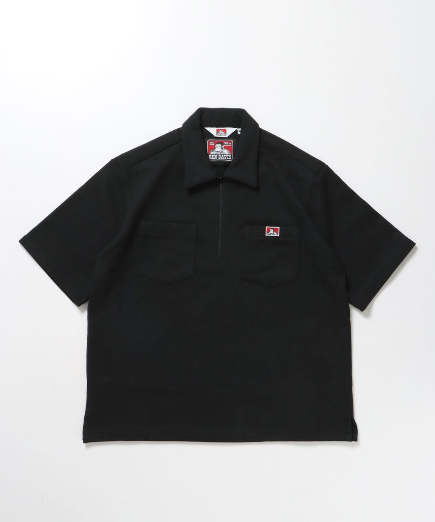 【BEN DAVIS（ベンデイビス）】90TH H.SWEAT S/S 1/2 ZIP SHIRT / ヘビーウェイト 半袖 ハーフジップ 裏毛 ワンポイント ≪セットアップ対応≫ ブラック
