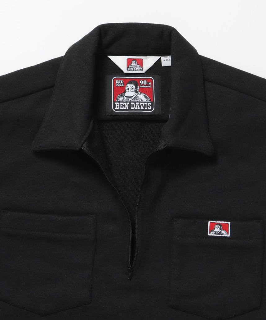 90TH H.SWEAT S/S 1/2 ZIP SHIRT / ヘビーウェイト 半袖 ハーフジップ 裏毛 ワンポイント ≪セットアップ対応≫ ブラック