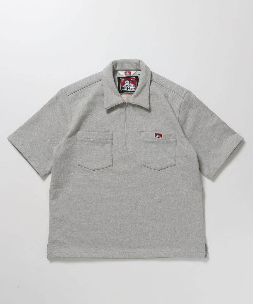 【BEN DAVIS（ベンデイビス）】90TH H.SWEAT S/S 1/2 ZIP SHIRT / ヘビーウェイト 半袖 ハーフジップ 裏毛 ワンポイント ≪セットアップ対応≫ グレー