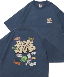 OVERLAP TEE NV / オーバーサイズ 半袖 ワンポイント プリント クルーネック ブルーグレー
