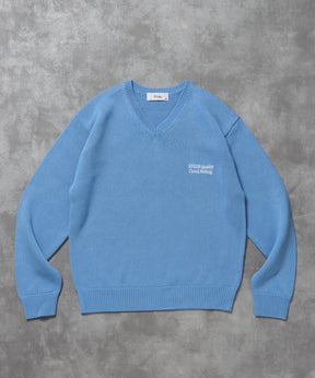 ワンポイントロゴVネックニット/ ニット Vネック 刺繍 ワンポイント 長袖 【短丈】 ブルー