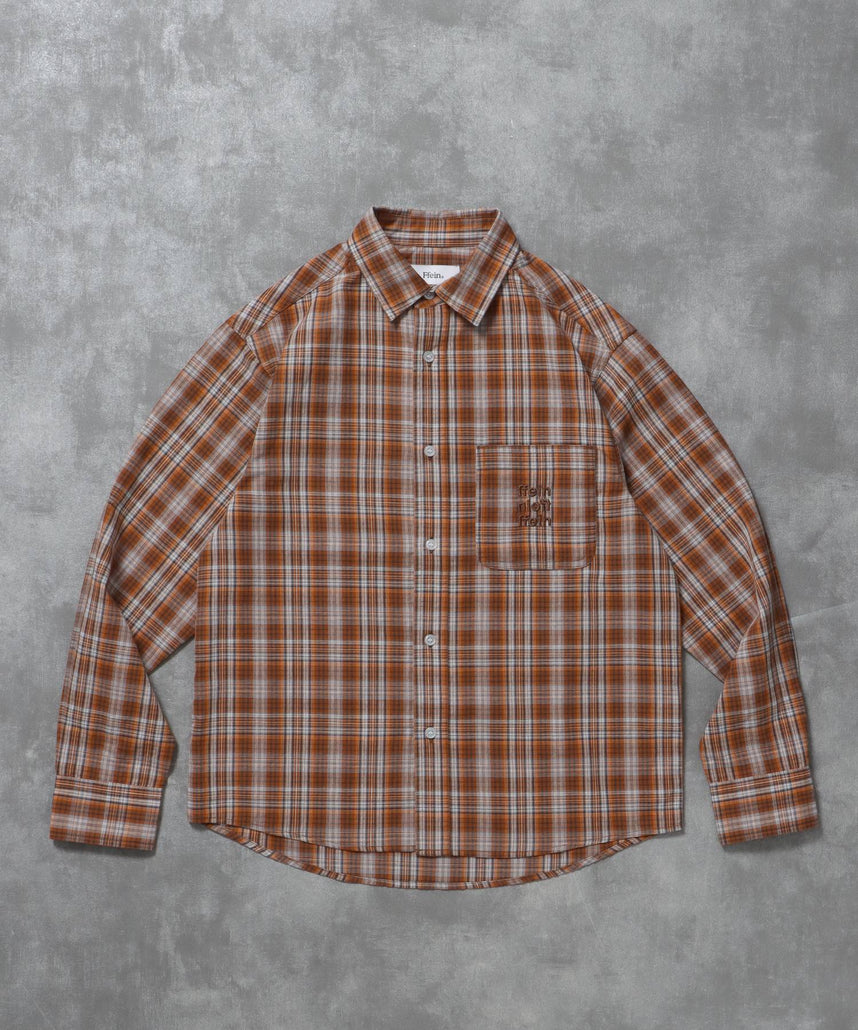 【FFEIN(フェイン)】アソートワンポイントボックス長袖シャツ / シャツ レギュラーカラー 長袖 ワンポイント 刺繍 レイヤード ポケット ダークオレンジ