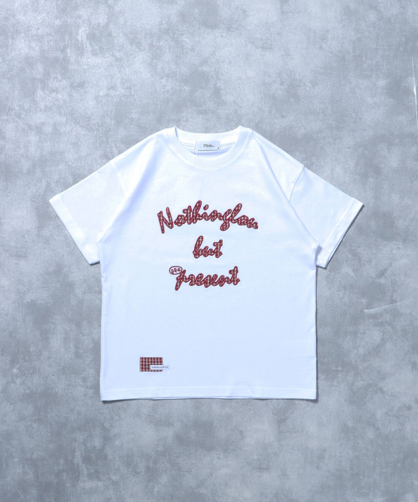 【FFEIN(フェイン)】アップリケロゴショート丈Tシャツ/ Tシャツ クルーネック 半袖 プリント 刺繍 チェック 【短丈】 ホワイト