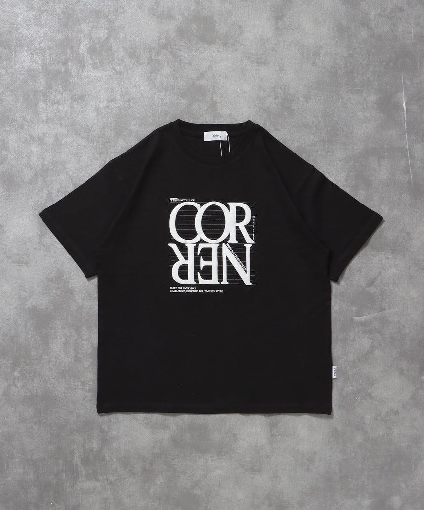 【FFEIN(フェイン)】プリントデカロゴショート丈Tシャツ / Tシャツ クルーネック 半袖 プリント シンプル【短丈】 ブラック